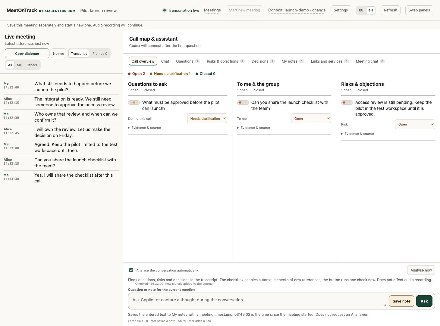 Real MeetOnTrack interface: a speaker-labelled transcript beside questions to ask, incoming questions and risks.