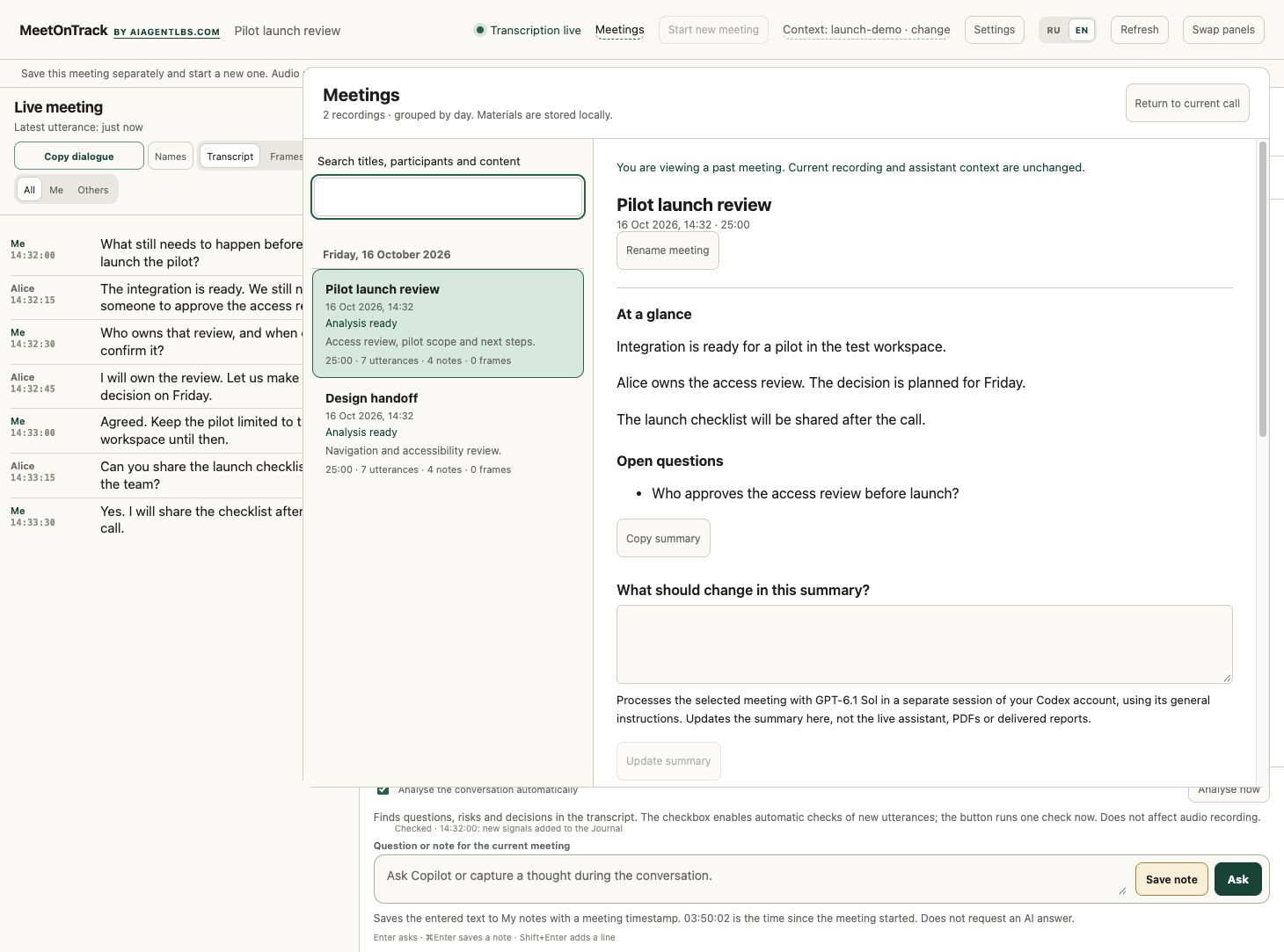 Real MeetOnTrack meeting library opened over a live call, with searchable past meetings and a selected meeting summary.